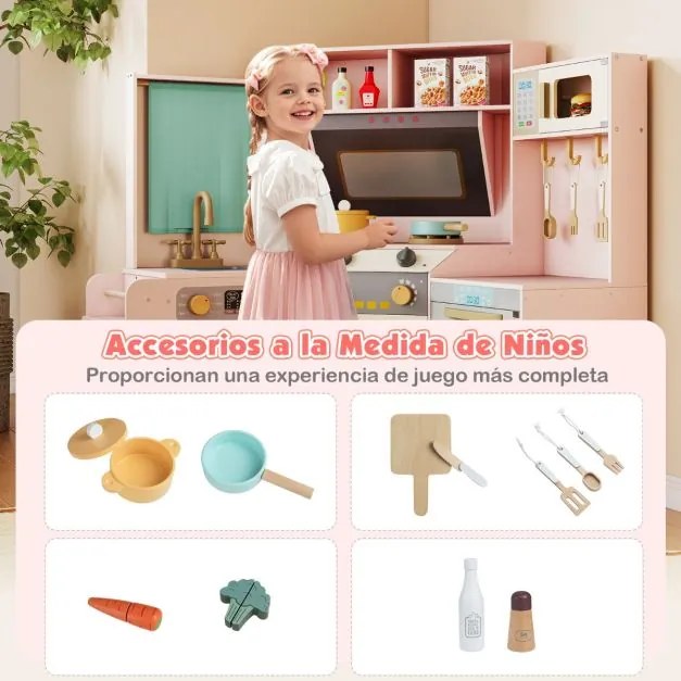 Cozinha de brincar de canto com luzes e sons. Inclui lava-loiça, fogão, micro-ondas, forno, máquina de lavar e acessórios para crianças com mais de 3