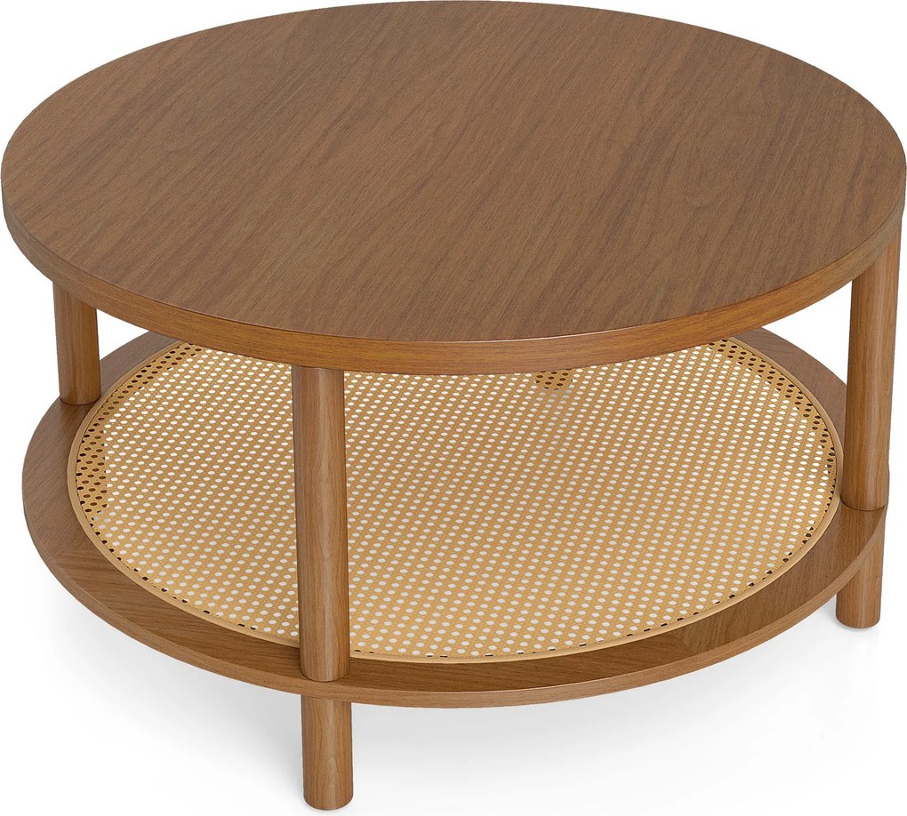 Mesa de Centro Redonda, 80 x 80 x 45 cm, Arrumação em Dois Níveis, Castanho