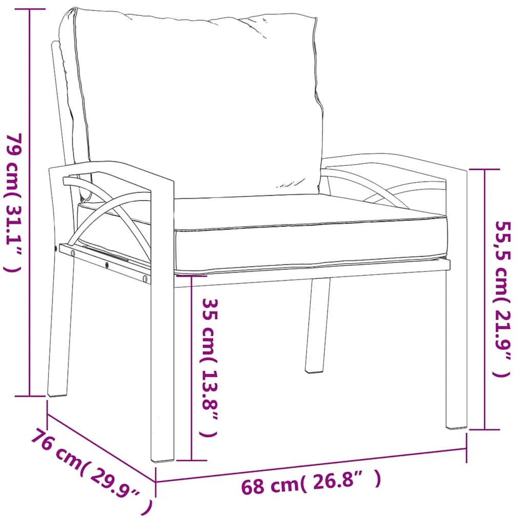 Cadeiras de jardim c/ almofadões cinzentos 2pcs 68x76x79 cm aço