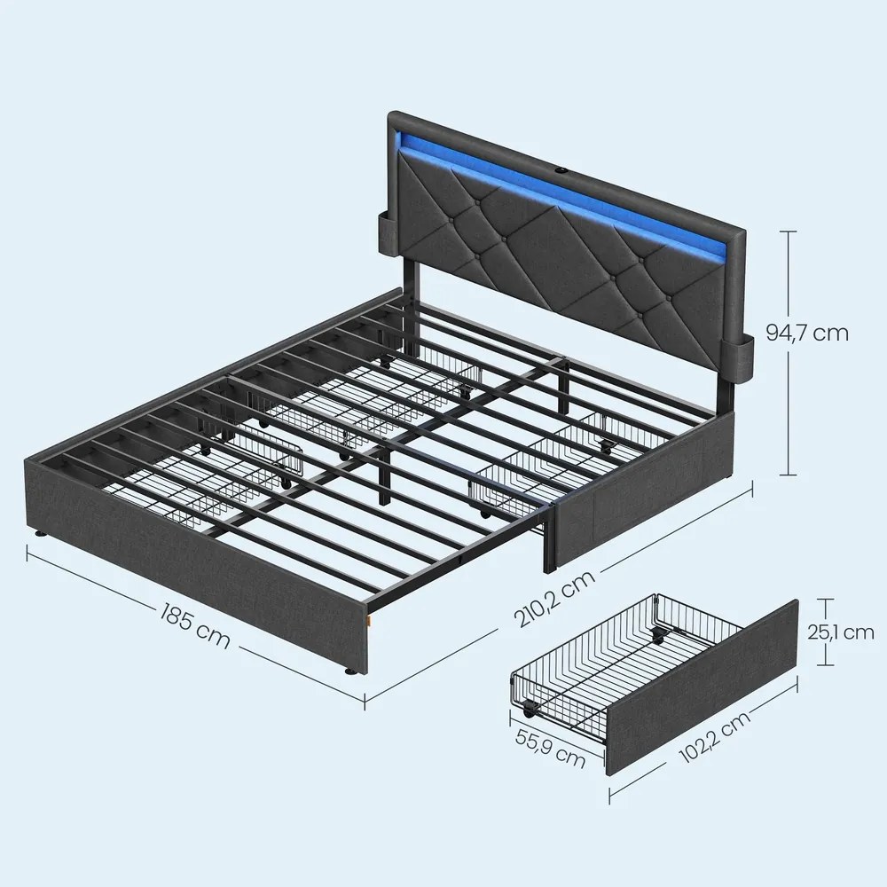 Estrutura de cama, 180 x 200 cm (COLCHÃO NÃO INCLUIDO), com iluminação Led Cinza