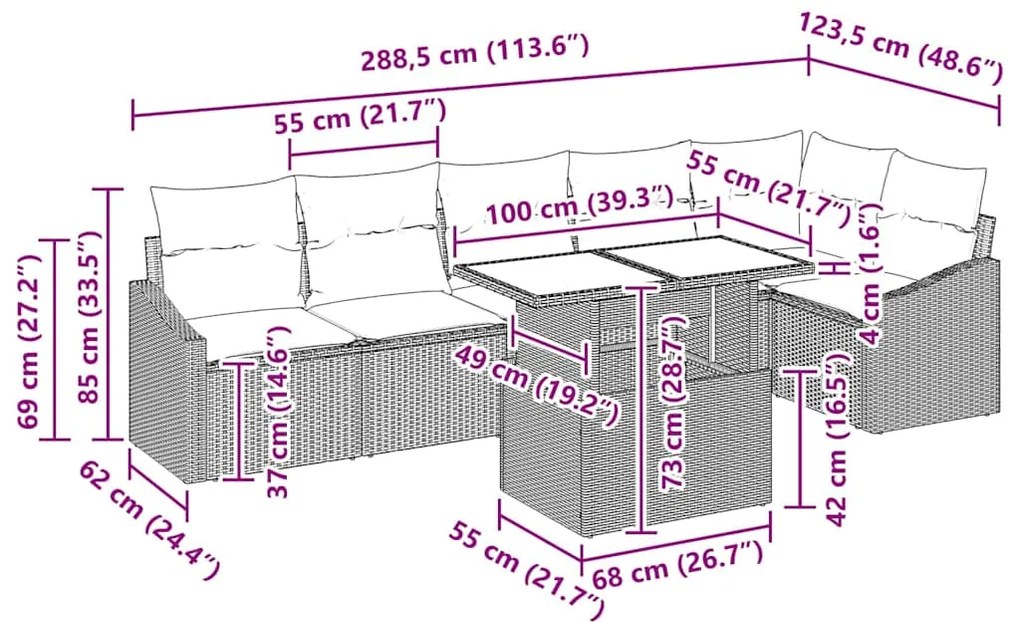 Sofá de Jardim de 7 Peças com Almofadas Cinza em Rattan Sintético