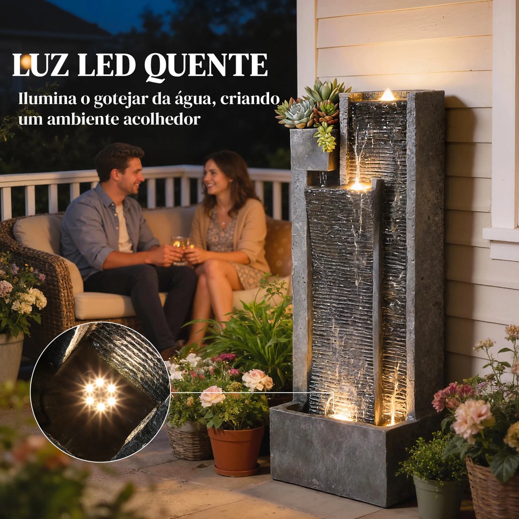 Fonte de Água Decorativa com Iluminação LED e Vaso Fonte de Jardim Exterior em Cascata de 3 Níveis com Bomba Resistente à Intempérie para Jardim Pátio