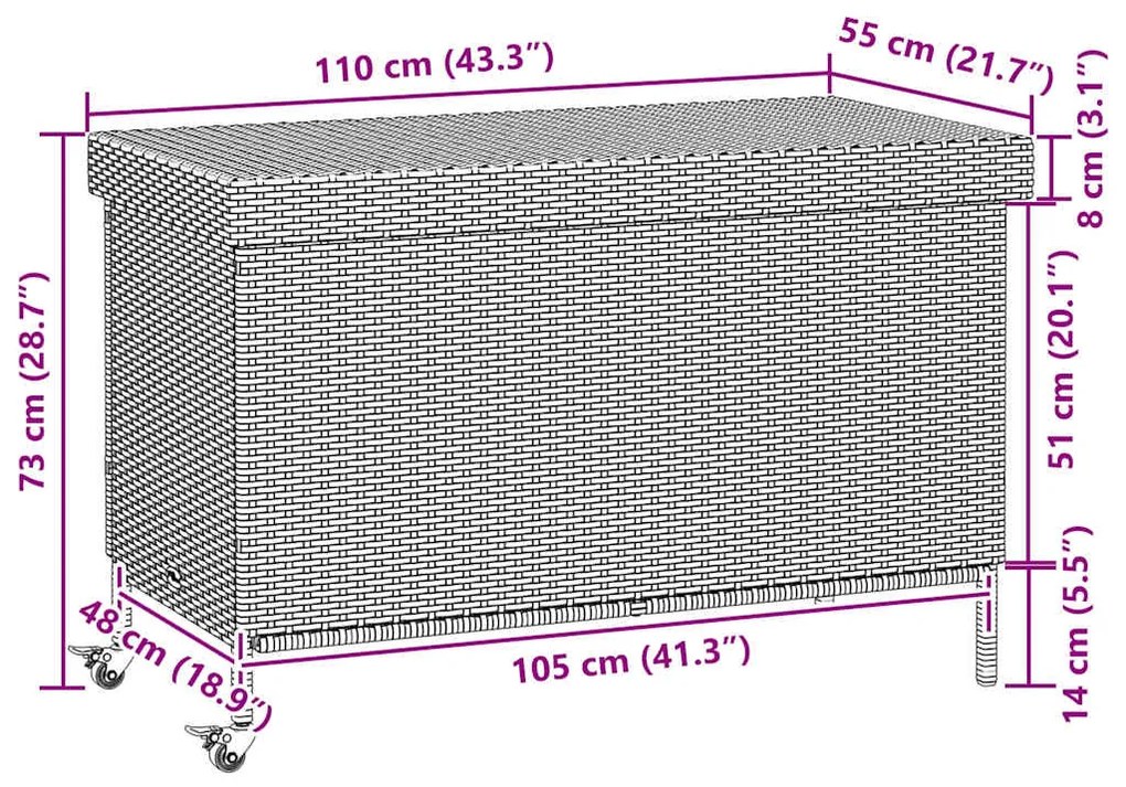 Caixa de arrumação com rodas 110x55x73 cm vime PE cinzento