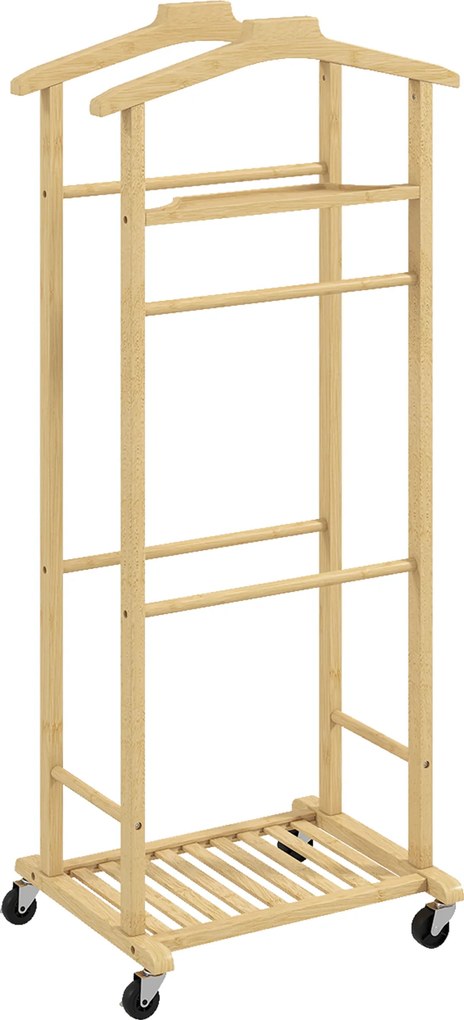 Cabide de Pé de Bambu Cabide com Rodas Suportes para Roupas Barras para Calças Bandeja e Sapateira 47x33,7x105,5 cm Madeira