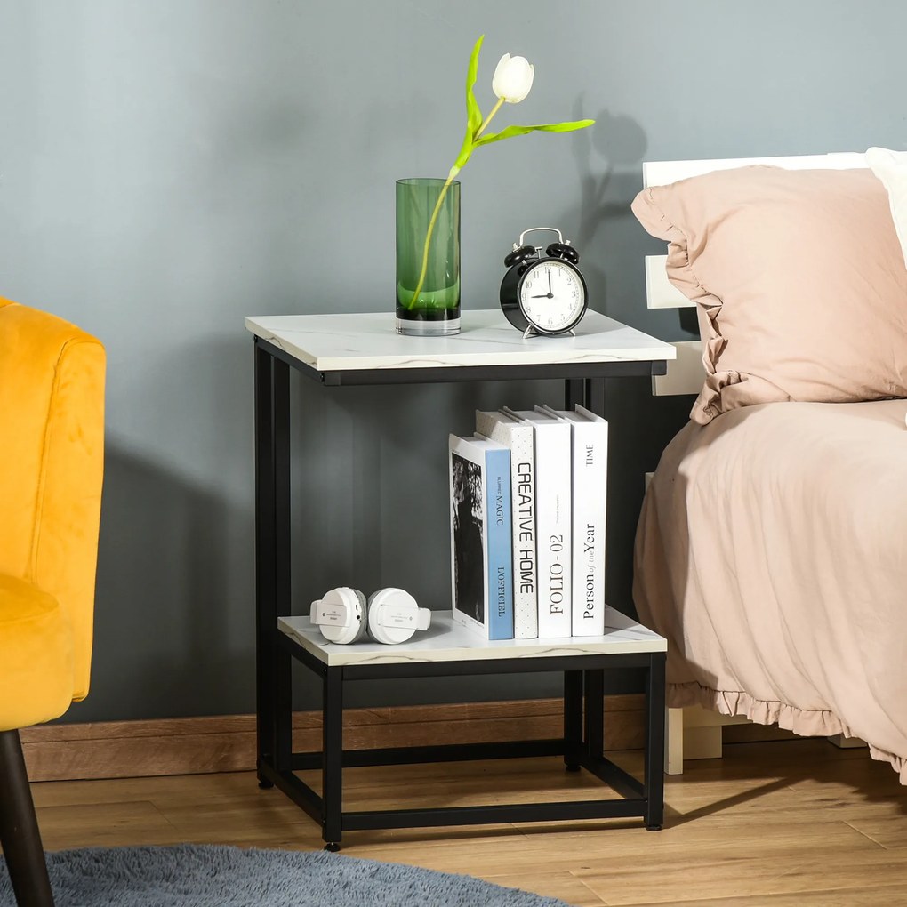 Mesa de centro moderna para sala de estar, mesa auxiliar para quarto, estrutura em aço preto, tampo e prateleira com aspeto de mármore branco