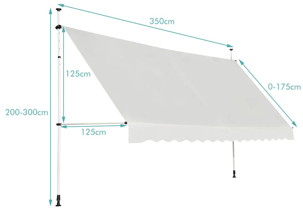Toldo Exterior 350 x 125 cm Altura Ajustável 2-3 m com Manivela e Resistente às Intempéries Manual para Jardim e Varanda Bege
