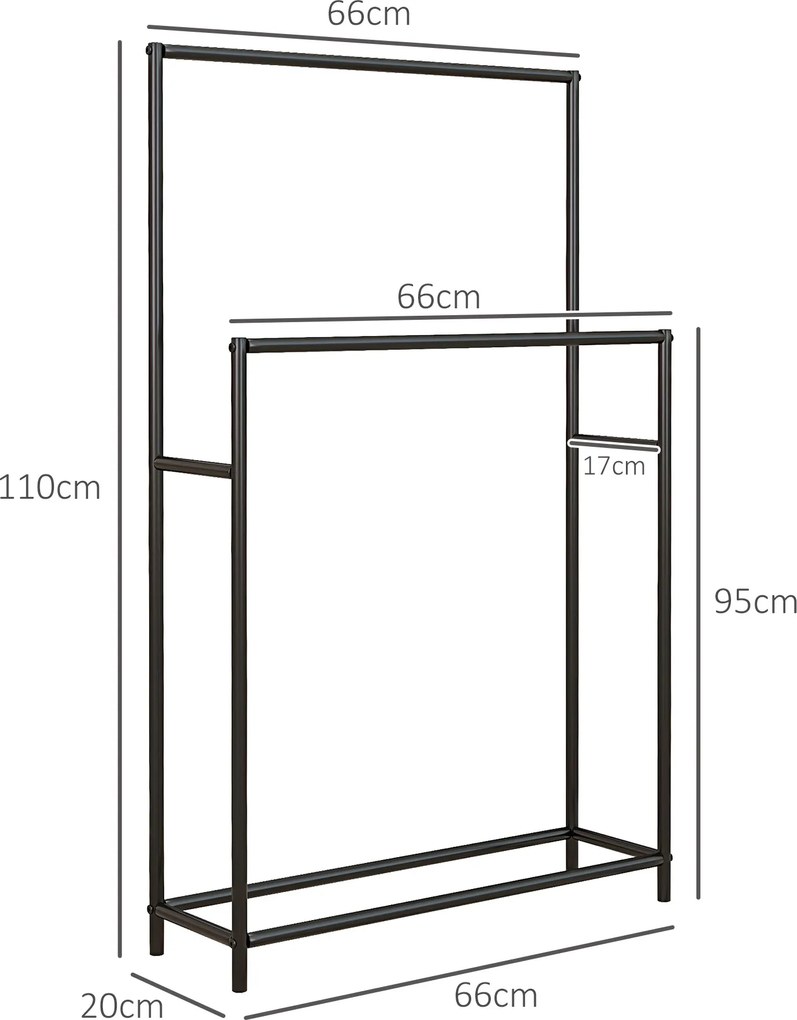 Toalheiro de pé com 2 prateleiras em metal para a casa de banho, 66 x 20 x 110 cm, preto