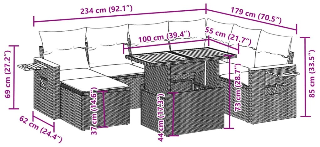 8 pcs conjunto de sofás p/ jardim com almofadões vime PE bege