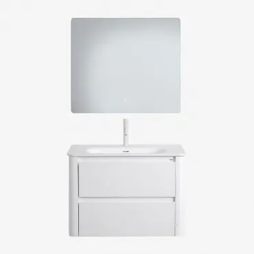 Conjunto De Móvel De Casa De Banho Em Madeira Com Lavatório Integrado Egerton Branco & Led Retangular E Anti-embaciamento 80x70 - Sklum