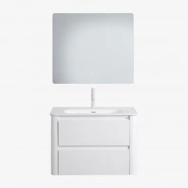 Conjunto De Móvel De Casa De Banho Suspenso 80x50 Cm Em Madeira Com Lavatório Integrado Egerton Branco & Led Retangular E Anti-embaciamento - Sklum