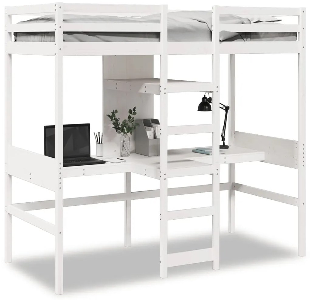 Cama alta c/ secretárias/prateleiras 90x200 cm pinho branco