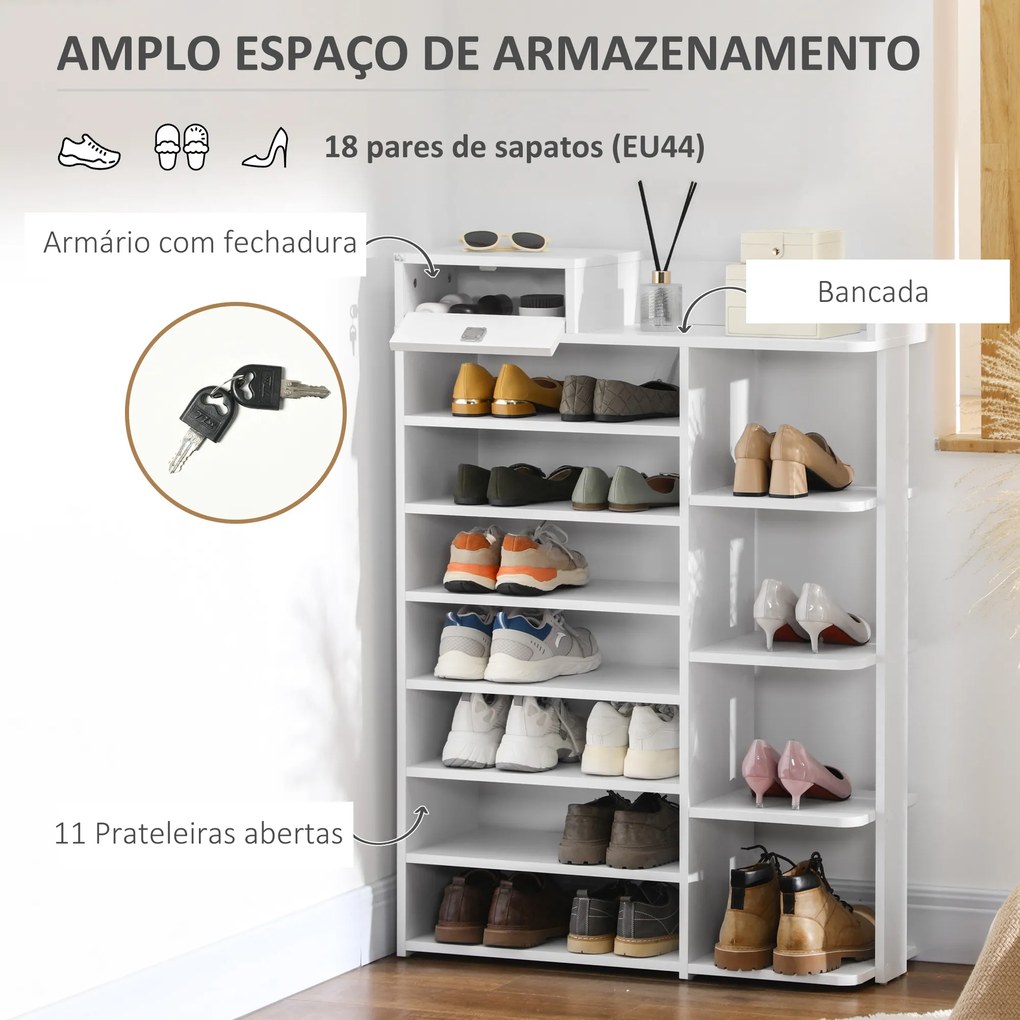 HOMCOM Sapateira de Madeira Móvel para Sapatos com 11 Prateleiras Abertas para 18 Pares de Sapatos e Armário com Fechadura para Corredor Entrada 80x27x112 cm Branco