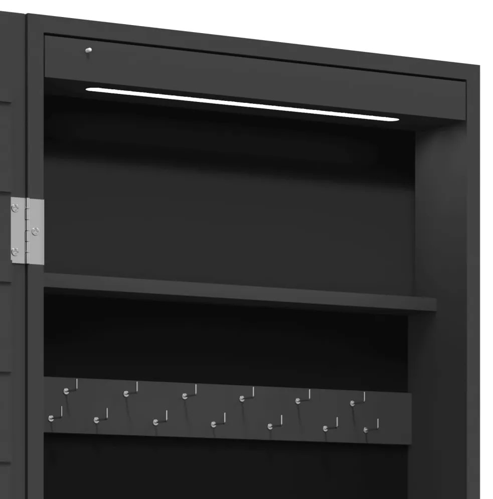 Móvel para joias de parede espelhado com luzes LED preto