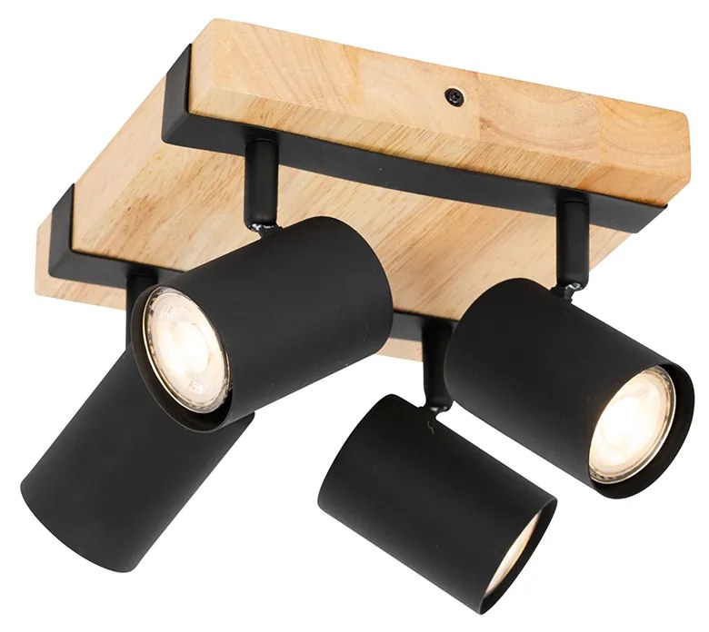 Candeeiro de teto preto com madeira 4 luzes ajustável retangular - Jeana Moderno,Industrial