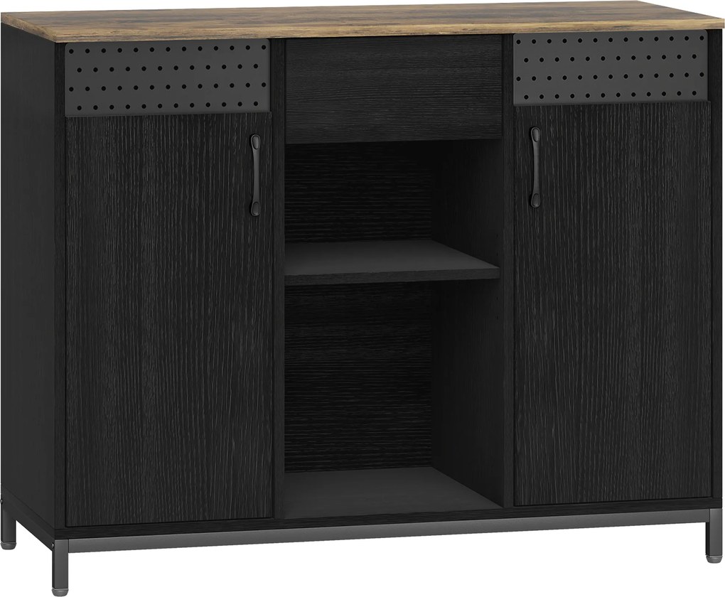 HOMCOM Aparador de 2 Portas com Orifícios 2 Compartimentos e Gaveta Prateleiras Ajustáveis 100x40x80 cm Preto e Castanho Rústico | Aosom Portugal