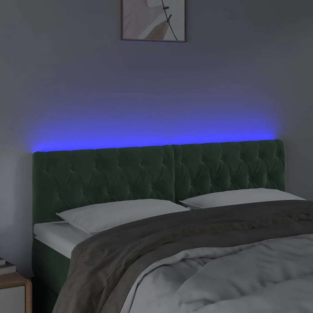 Cabeceira de cama c/luzes LED veludo 160x7x78/88cm verde-escuro