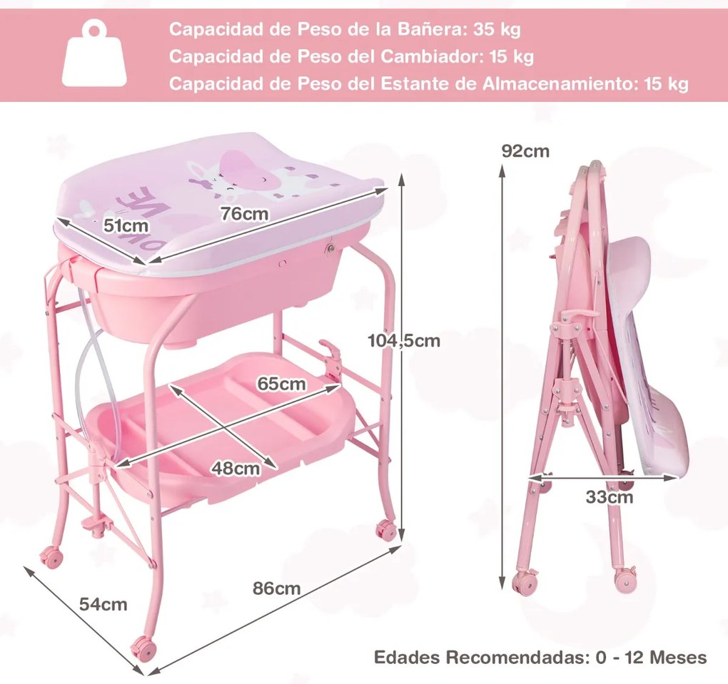 Troca-fraldas com banheira, portátil e dobrável, almofada em PVC, bandeja de armazenamento com 4 rodas universais Rosa