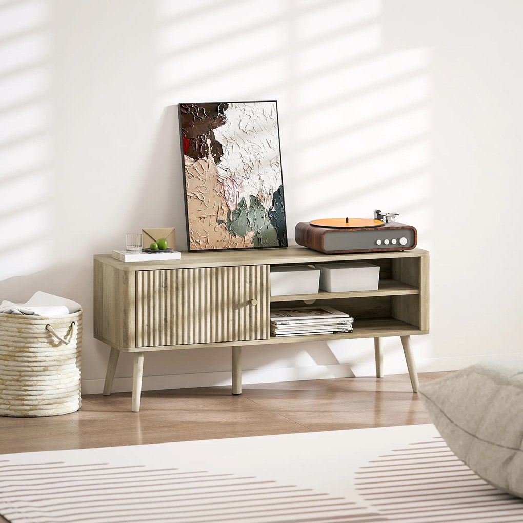 Móvel de TV para Televisão até 55 Polegadas com Porta Acanalada Prateleira Ajustável Compartimentos Abertos 115x35x49 cm cor Carvalho