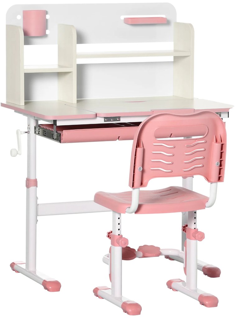 HOMCOM Conjunto de Secretária e Cadeira para Crianças com Altura Ajustável e Bancada Inclinável 80x52x88x109cm e 35,5x44,5x66-80cm Rosa