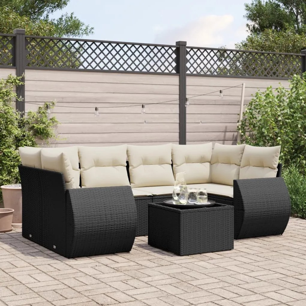 7 pcs conjunto de sofás p/ jardim c/ almofadões vime PE preto