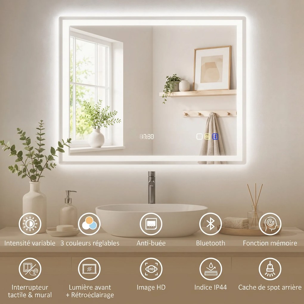 Espelho de Casa de Banho LED Bluetooth, 90 x 3,5 x 70 cm, Antiembaciamento, Prateado