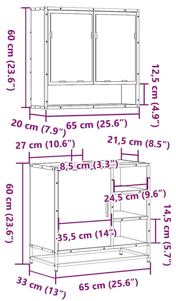 2 pcs conjunto móveis WC derivados de madeira sonoma cinza