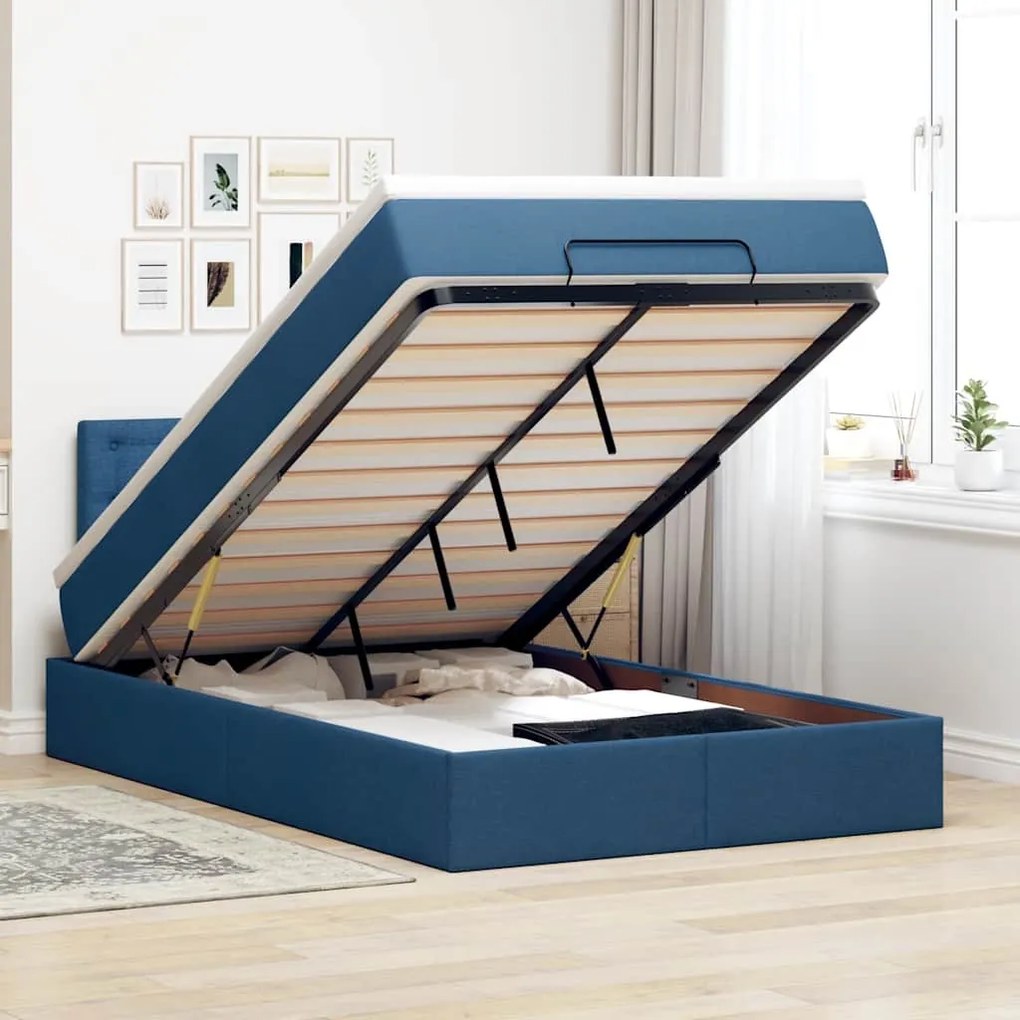 vidaXL Cama Otomana com colchão &amp; LEDs 120x190cm tecido azul