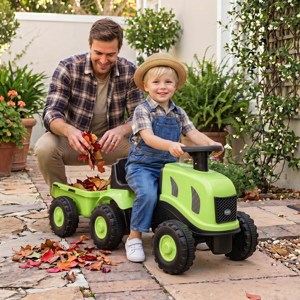 Andarilho Trator Infantil sem Pedais com Reboque, 88 x 35 x 35 cm crianças de 18 a 36 meses, Verde