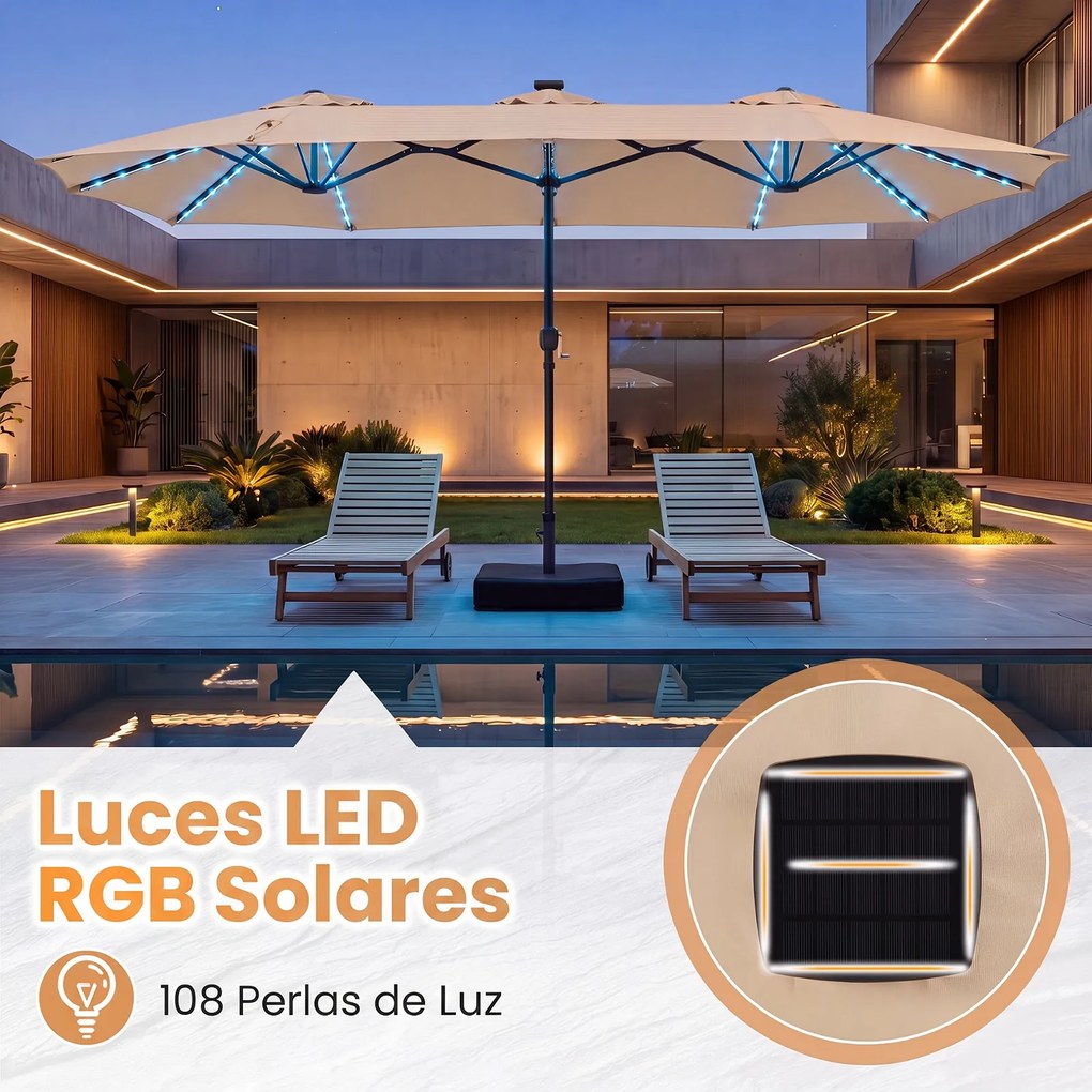 Guarda-sol Duplo Retangular de Exterior com base, 370 x 200 cm, 108 Luzes LED, Bege