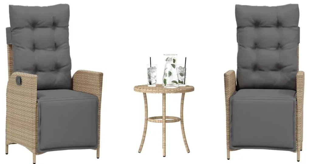 vidaXL 3 pcs conjunto bistrô com almofadões vime PE bege misturado