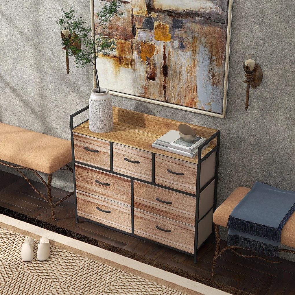 Cómoda com 7 gavetas, móvel de arrumação com gavetas em tecido dobrável - estrutura em aço preto - 98 x 29 x 85 cm