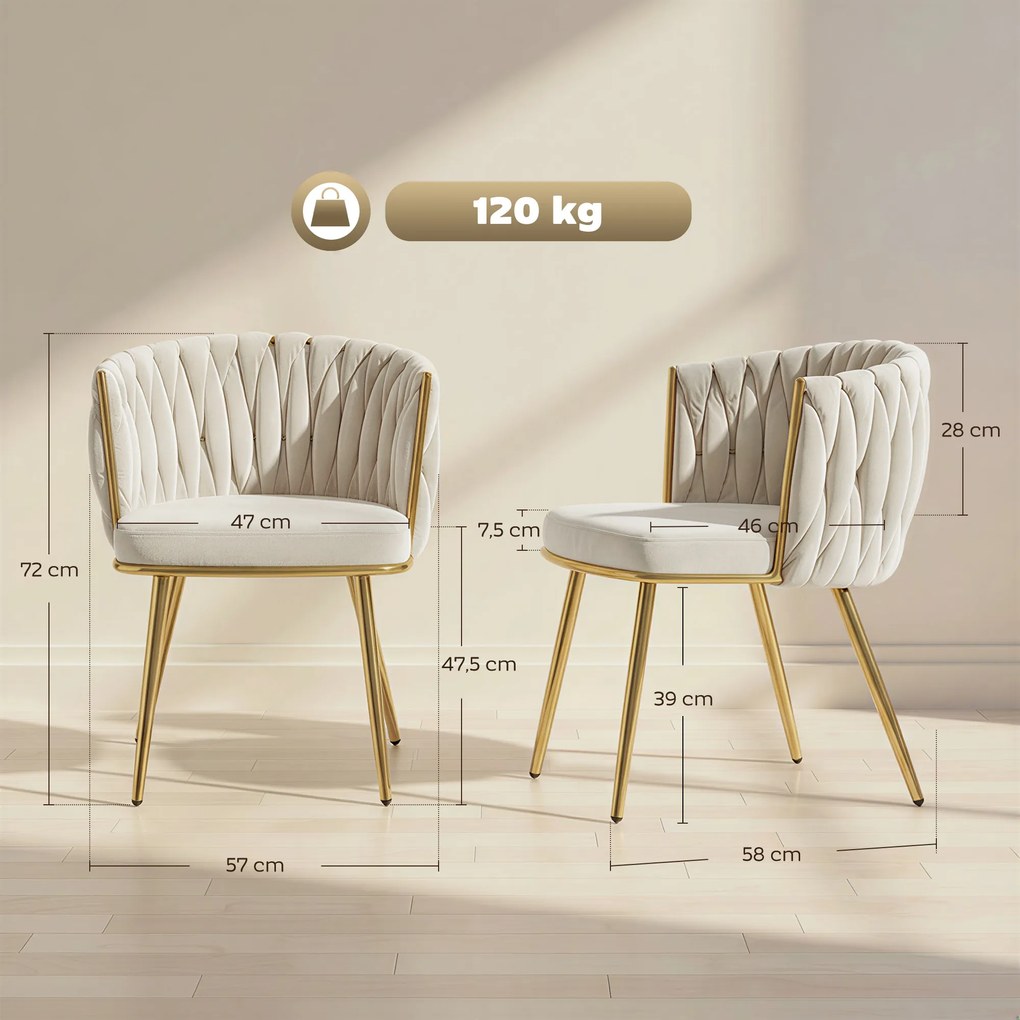 Conjunto de 2 cadeiras de sala de jantar e de cozinha, estofadas a veludo, com encosto trançado e braços, cor creme