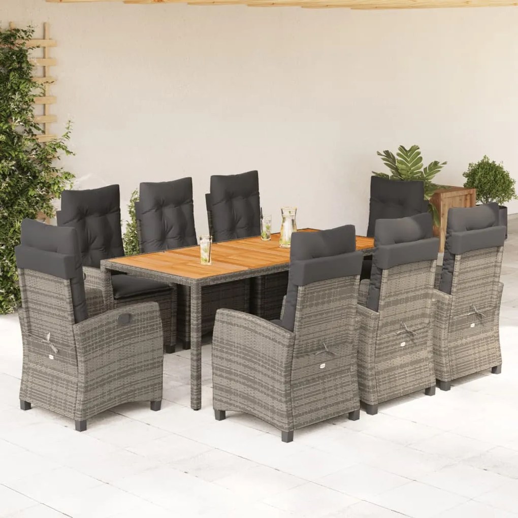 vidaXL 9 pcs conjunto de jantar p/ jardim c/ almofadões vime PE cinza