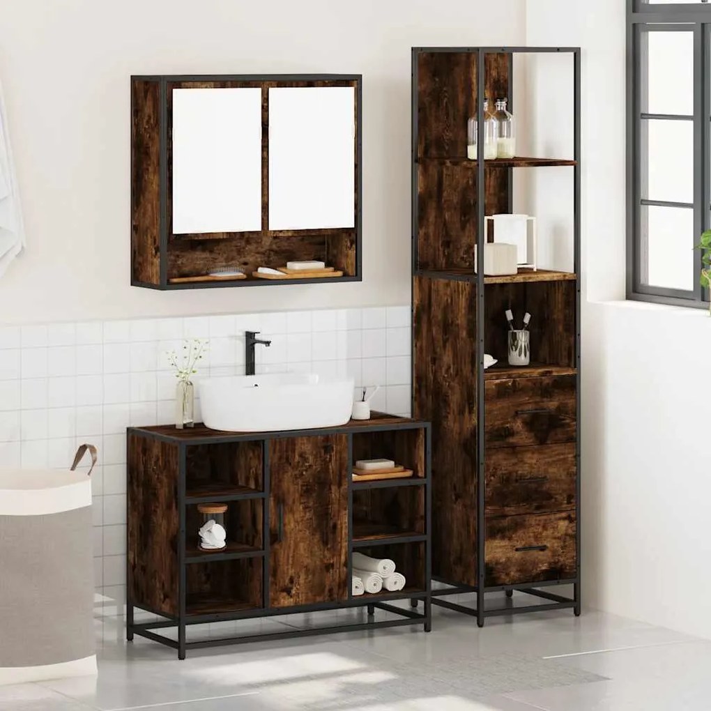 3 pcs conjunto de móveis WC madeira processada carvalho fumado