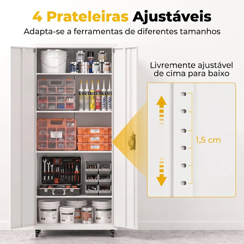 Armário de Ferramentas em Aço 180 cm com Rodas Amovíveis Prateleiras Ajustáveis e Carga até 250 kg para Garagem Branco