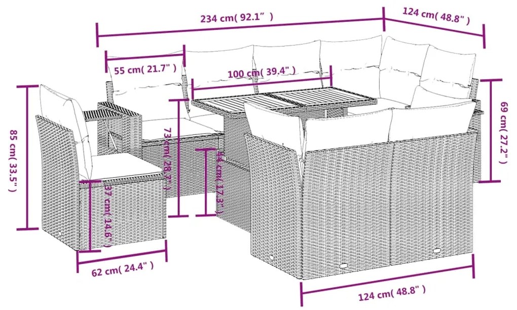 9 pcs conjunto de sofás p/ jardim c/ almofadões vime PE preto