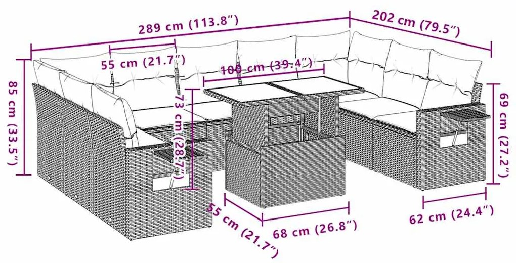 10 pcs conjunto sofás de jardim c/ almofadões vime PE preto