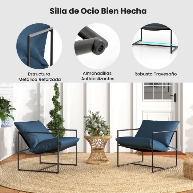 Conjunto de 2 Poltronas com Almofadas de Assento Sling Encosto Assento Tecido e Estrutura de Metal para Varanda 71 x 71 x 61 cm Azul + Preto