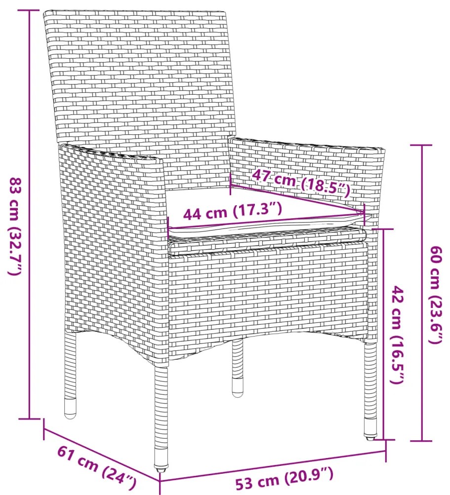 3 pcs conjunto jantar jardim c/ almofadões vime PE/acácia preto