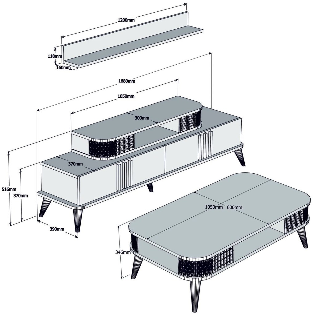 Conjunto de Mobiliário de Sala de Estar Eylül – Nogueira – TV: 168x51,