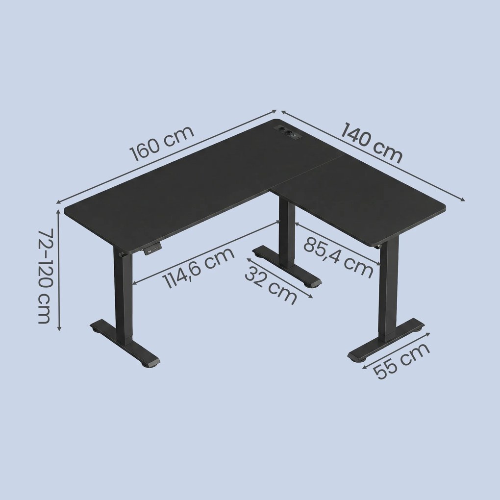 Secretária de canto em forma de L, secretária com altura ajustável, 160 x 140 cm preto