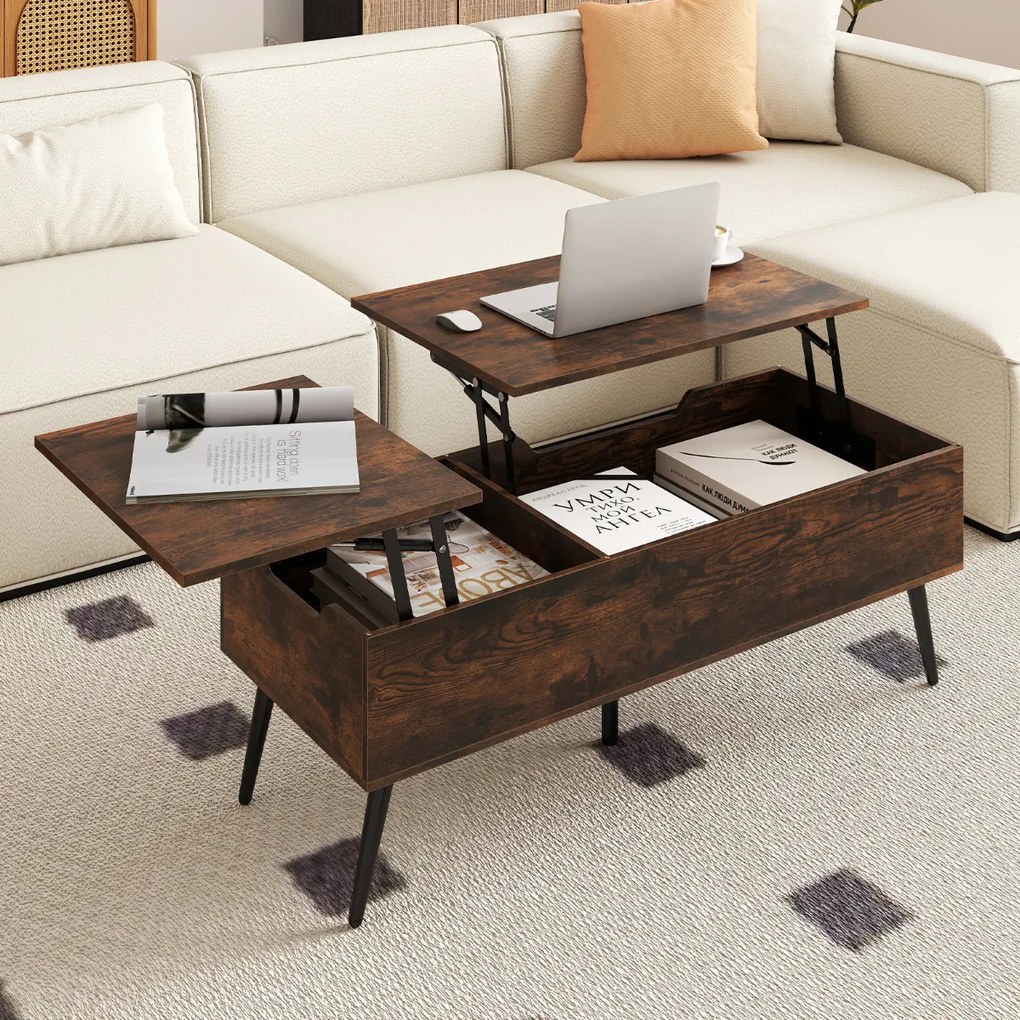 Mesa de centro moderna elevável com 2 compartimentos de armazenamento ocultos 111 x 48 x 40-53,5 cm Castanha