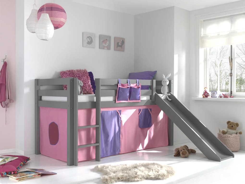 Conjunto Cama alta de Criança PINO 90 x 200 cm + estrado + escada + escorrega + cortina Bella Cinzenta