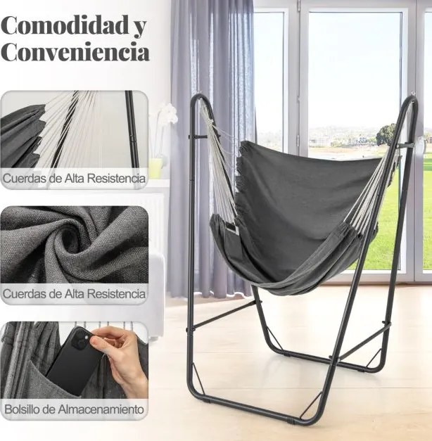 Cadeira de baloiço suspensa com suporte metálico, bolso lateral, capacidade de carga de 120 kg, para interior e exterior, sala, quarto, pátio, cinzent