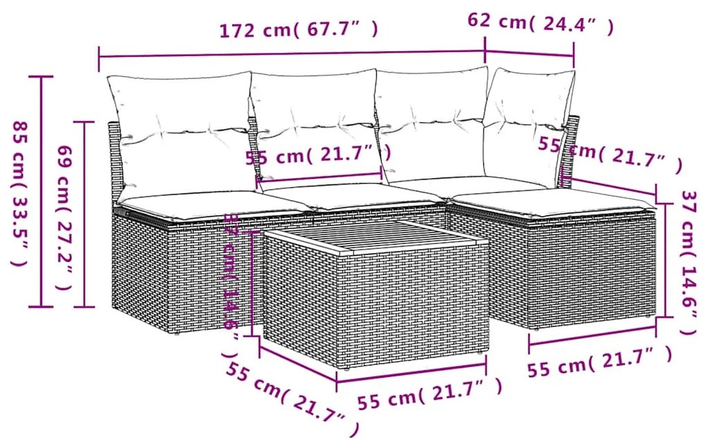 5 pcs conjunto sofás de jardim com almofadões vime PE preto