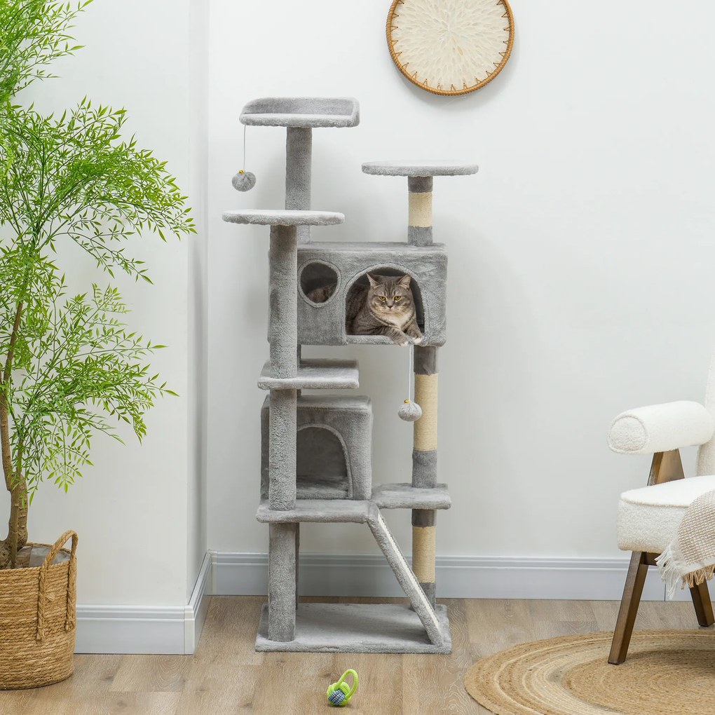 Arranhador para gatos com 138 cm de altura, torre de brincadeiras para gatos com arranhador, plataformas, 2 compartimentos abertos, 49 x 49 x 138 cm,