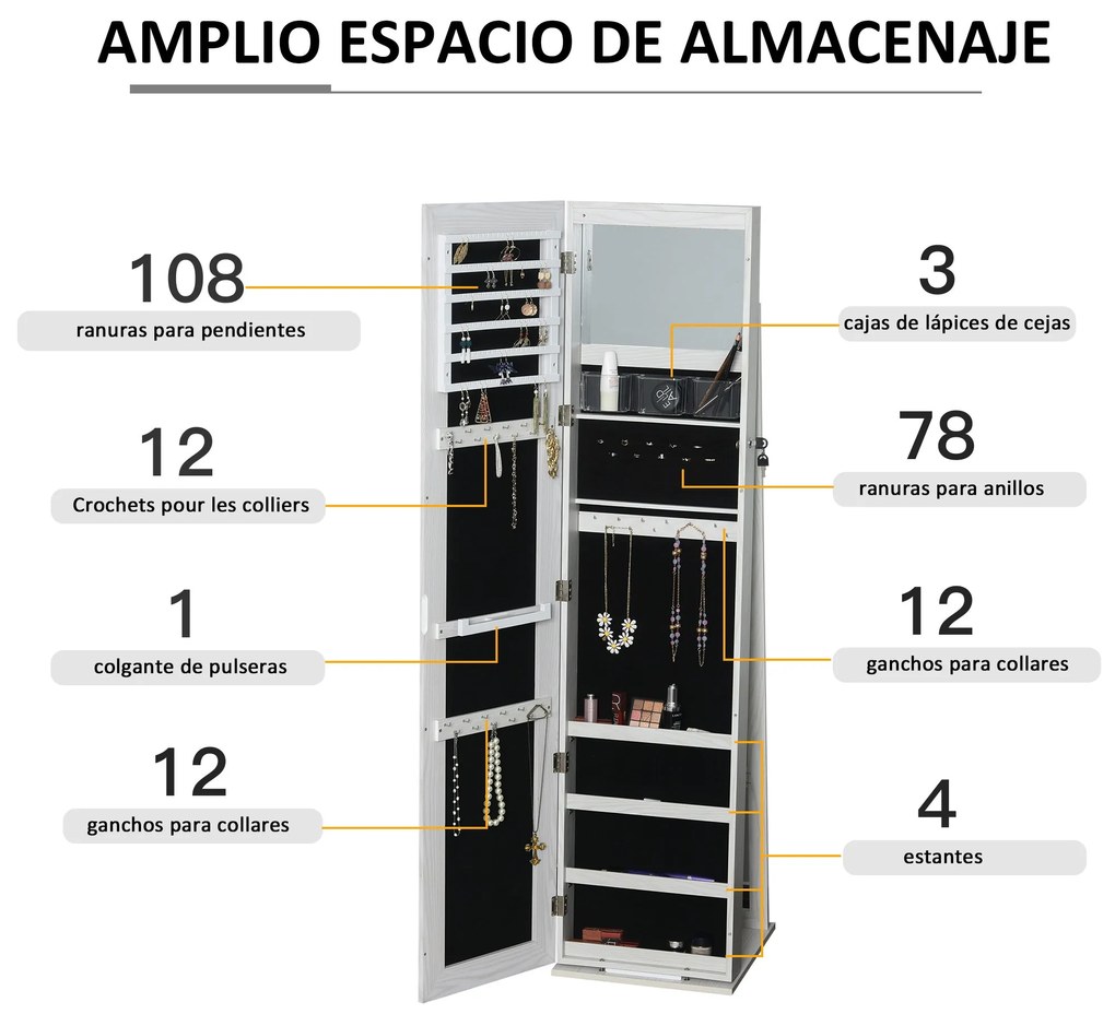 HOMCOM Joalheiro de Pé Armário para Joias com 6 Luzes LED Fechadura Or