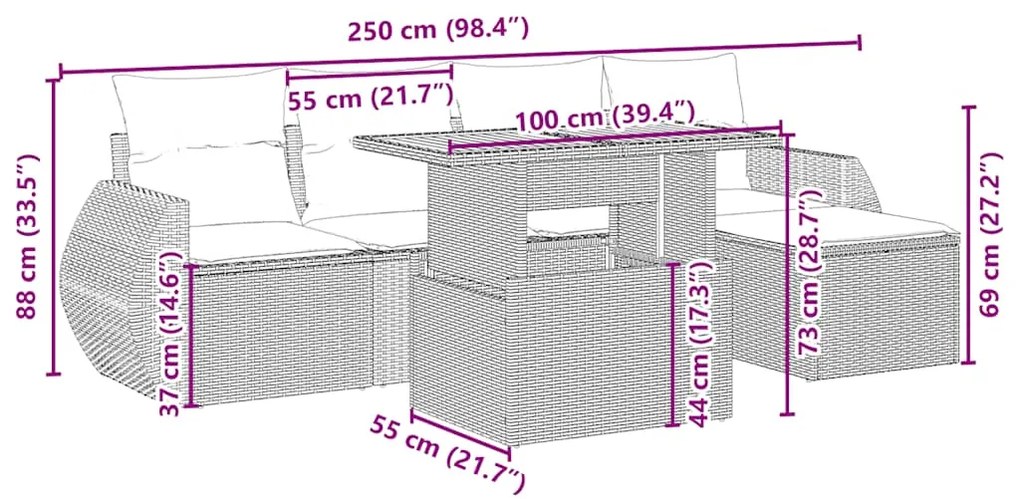 6 pcs conjunto de sofás p/ jardim com almofadões vime PE bege