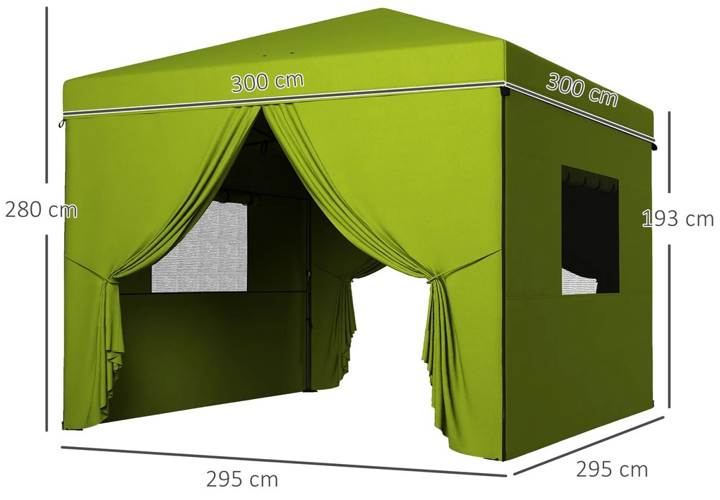 Tenda Dobrável 3x3 m Tenda de Jardim com 4 Paredes Laterais 2 Janelas