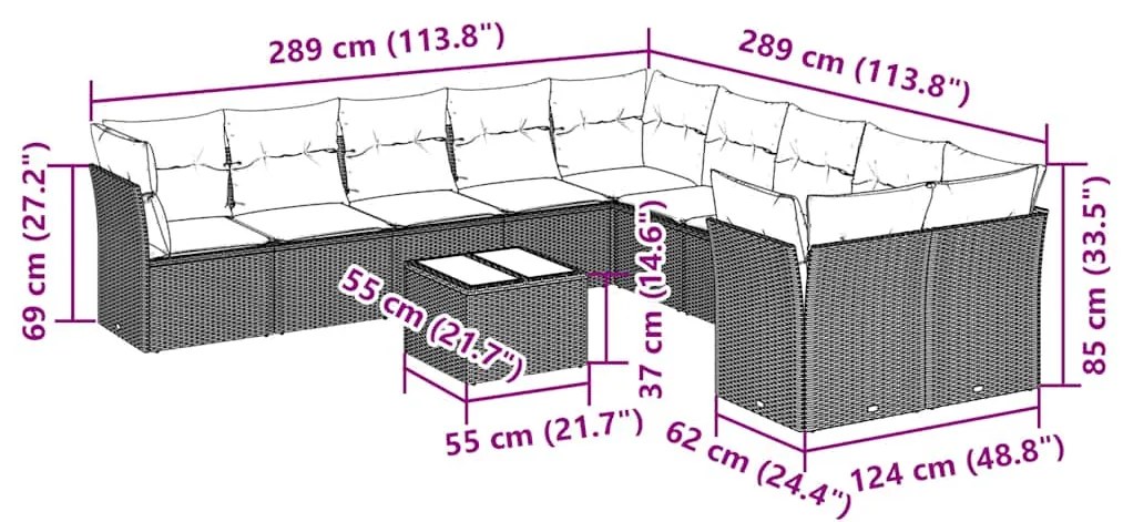 11 pcs conjunto sofás de jardim c/ almofadões vime PE cinzento
